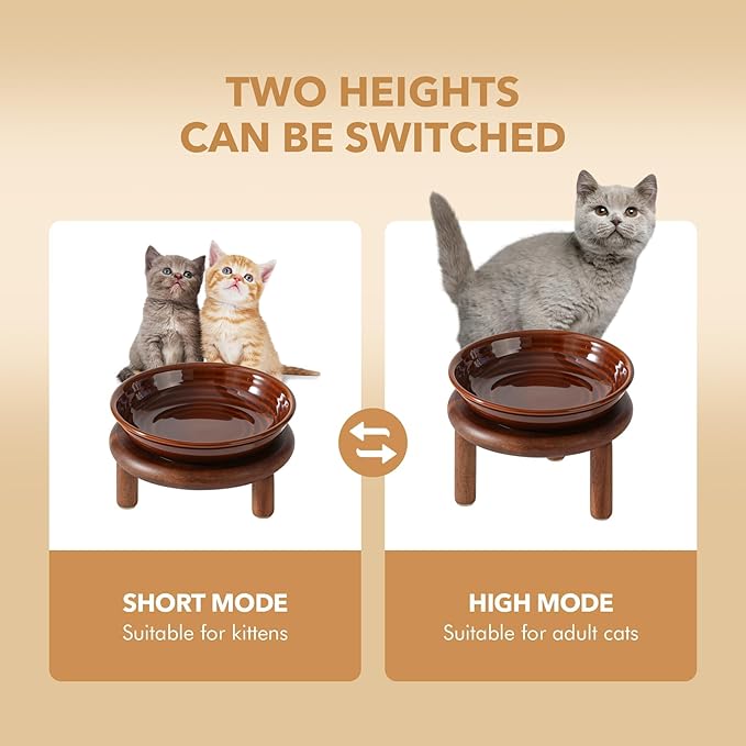 Havniva Elevated Cat Bowls Raised Ceramic Cat Bowl, 5.9” Wide Opening Cat Food Bowl Whisker Friendly Cat Dish Anti-Slip with Wood Stand, Shallow Pet Food & Water Bowl for Indoor Cats