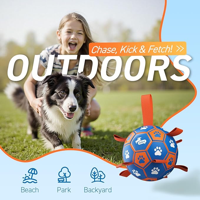 QDAN Dog Ropes Toys Soccer Ball with Straps, Puppy Birthday Gifts, Tug Toy, Durable Dog Balls for Medium & Large Dogs- Blue Orange(8 Inch)