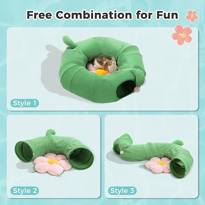 PAWZ Road Cactus Cat Donut Tunnel Collapsible Cat Tunnel Tube, Dia-38 inches with Flower Soft Mat for Indoor Cats and Rabbits