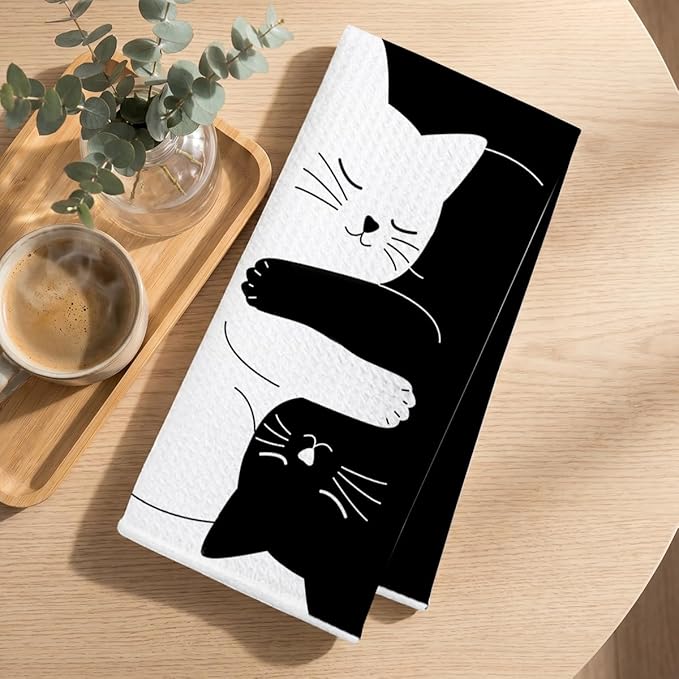 Hanamiya Na 2 Pcs Cute Cat Kitchen Towels 24x14 Inch, Cats Gifts Reusable Dish Towels for Kitchen Home Bathroom Decor, Waffle Weave Hand Cloth Tea Towel, Gifts for Cat Lovers Women Friend Girls