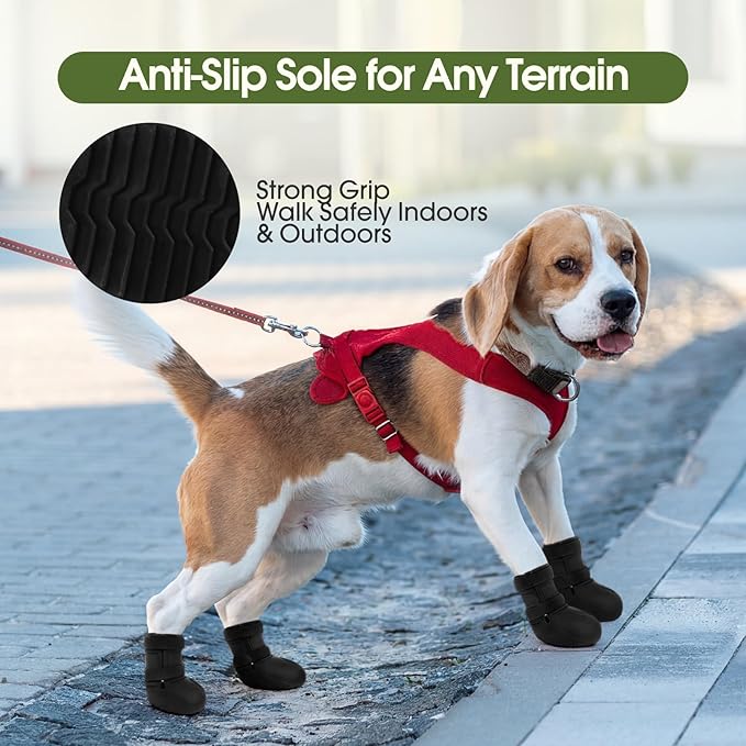 Dog Rain Boots Waterproof, 4PCS Dogs Shoes Non Slip Dog Boots & Paw Protectors, Easy On Rubber Doggie Booties Pet Shoes for Hot Pavement Snow Rain, Dog Rainboots for Small Medium Large Dogs, Black XL