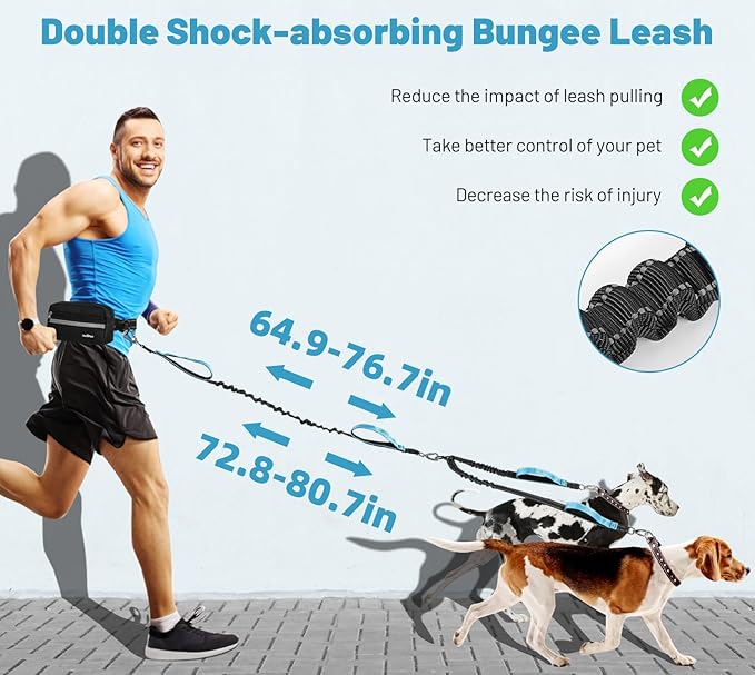VavoPaw Hands Free Dog Leash for 2 Dogs with Pouch, Waist Leash for Dog Walking, Jogging, Hiking, Retractable Leashes with Dual Padded Handles, Adjustable Reflective Belt for Small, Medium, Large Dogs