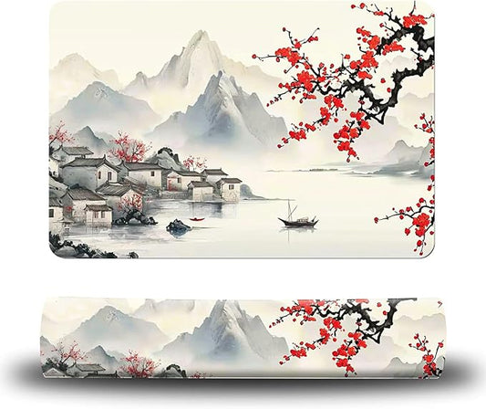 Dog Food Mat, 15.7" x 23.6" Absorbent Pet Feeding Mat for Food and Water, Waterproof Diatom Mud Pet Placemat with Non-Slip Rubber Backing, Cat Bowl Mat for Floors - Watercolor Peach Blossoms