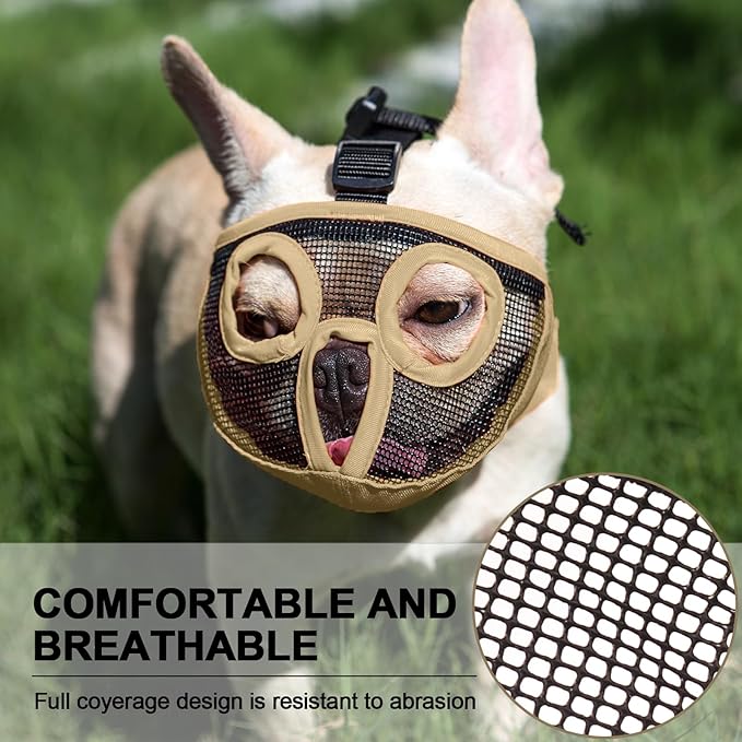 Short Snout Dog Muzzles- Adjustable Breathable Mesh Bulldog Muzzle for Biting Chewing Licking Training Grooming Dog Mask (Khaki, Large/15-25")