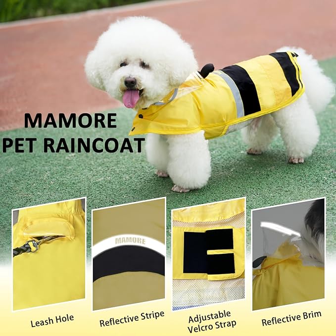 Dog Raincoat, Waterproof Reflective Adjustable Hooded Dog Rain Coat with Leash Hole, Lightweight Breathable Pet Poncho for Dogs (Yellow Bee, Medium(13-22lb))