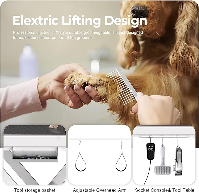 Electric Dog Grooming Table for Large Dogs - Professional Heavy Duty Height Adjustable Home Indoor Pet Grooming Station with Grooming Arm, Anti Slip Tabletop & Tool Organizer, 50''/White