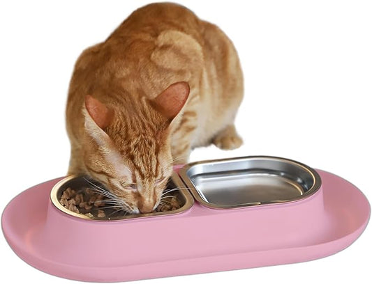 Hepper NomNom - Spill Proof Elevated Cat Bowls for Food and Water - Whisker Relief Bowl + Raised Cat Food Bowls: a Safe Dish for Messy Cats - Stainless Steel Bowl Station (Pink)