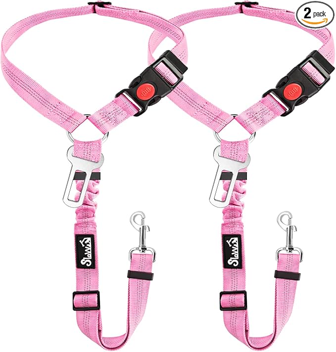 SlowTon Dog Seat Belt for Car, 2 Pack Dog Car Harness Seatbelt Adjustable with Elastic Bungee Buffer, 2 in 1 Pet Car Leash Headrest Restraint Dog Reflective Safety Tether (Pink, Headrest+Clip)