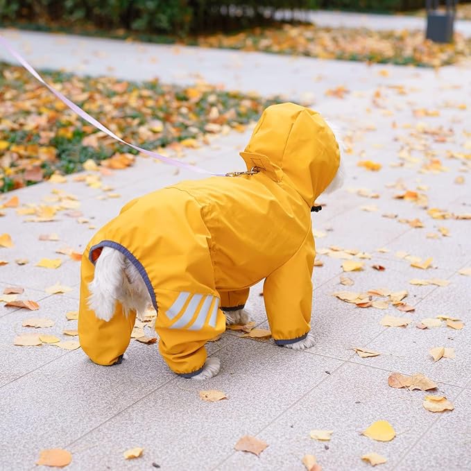 Dog Raincoat, Waterproof Dog Rain Jacket with Hood, Rain Coat with Leash Hole, Reflective Strap for Small Medium Dogs, Outdoor Adventures/Walking Lightweight Puppy(Yellow,S)