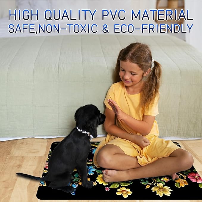 Dog Food Mat, 15.7" x 23.6" Absorbent Pet Feeding Mat for Food and Water, Waterproof Diatom Mud Pet Placemat with Non-Slip Rubber Backing, Cat Bowl Mat for Floors - Black Flower Tree