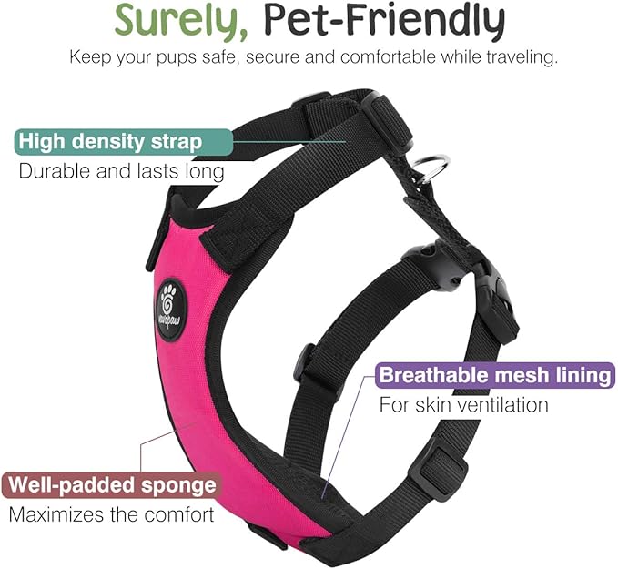 VavoPaw Dog Seat Belt, Safety Vest Dog Car Harness with Adjustable Buckle, Heavy Duty Dogs Seat Belt for Vehicle Nylon Pet Safety Seats Belts, L, Magenta