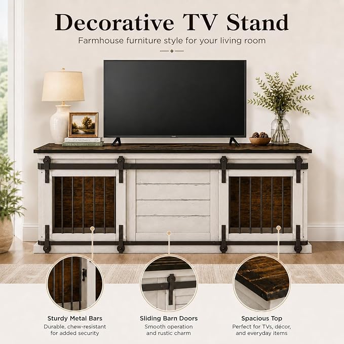 62" Farmhouse Dog Crate Furniture for 2 Large Dogs, Heavy Duty Solid Wood Indoor Dog Kennel with Removable Divider, Sliding Door, Double Dog Crate TV Stand, Vintage Industrial Style