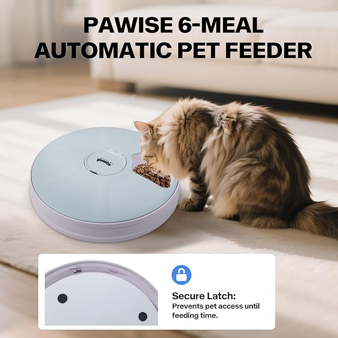 PAWISE Automatic Cat Feeder for Wet and Dry Food, 6-Meal Timed Pet Food Dispenser with Programmable Timer, Auto Dog Feeder Station for Small Pets, Battery Operated Cat Treat Dispenser