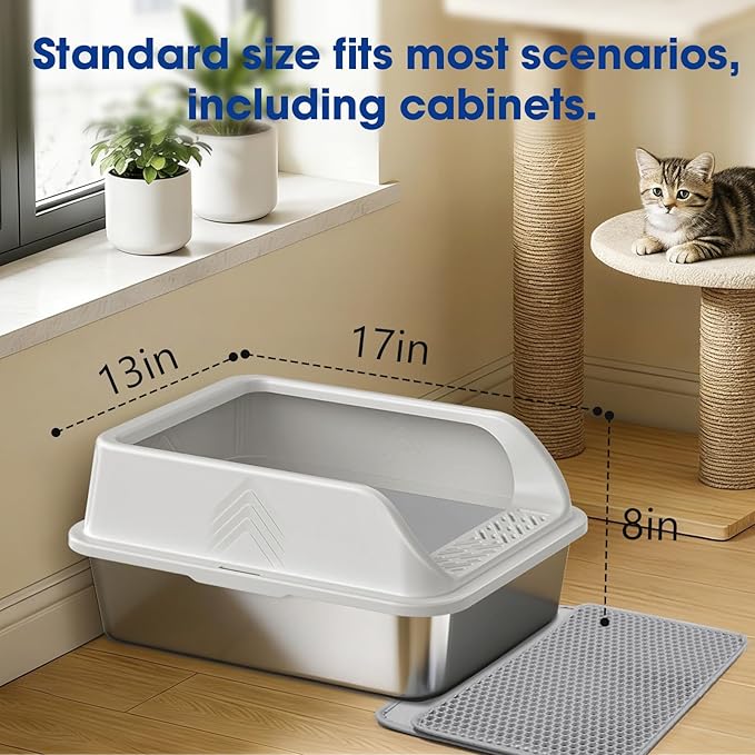 Stainless Steel Litter Box, Enclosed Metal Cat Litter Box with High Sides Lid for Small Cats,High Sided, Anti-Urine Leakage, Non-Stick Bottom & Includes Litter Mat & Cat Litter Scoop