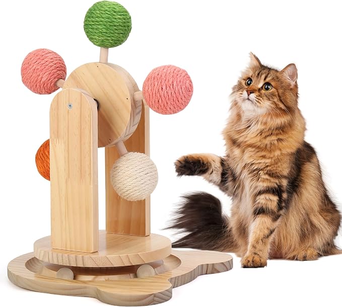 Cat Toy Ball Track,2-in-1 Interactive Cat Toy for Indoor Cats,Natural Sisal Ball with Solid Wooden Base,Spinning Ball Cats Scratcher Toy