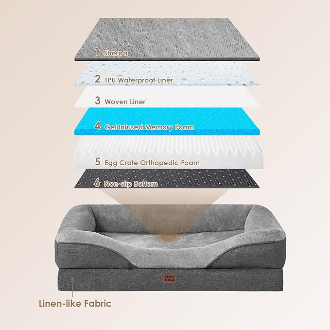 EHEYCIGA Orthopedic Dog Bed for Large Sized Dog, 41x27 Inch Large Memory Foam Dog Couch Bed with Sides, Waterproof Liner & Washable Removable Cover, Bolster Pet Sofa, Grey
