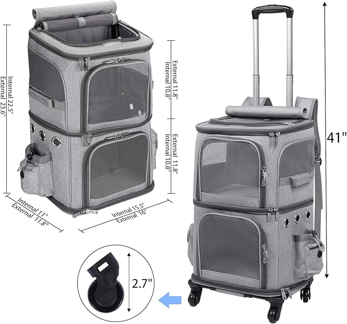 HOVONO Extra Large Double-Compartment Pet Carrier Backpack with Wheels for Small Dogs and Cats, Cat Rolling Carrier for 2 Cats, Perfect for Traveling/Taking a Walk/Trips to the Vet, Grey