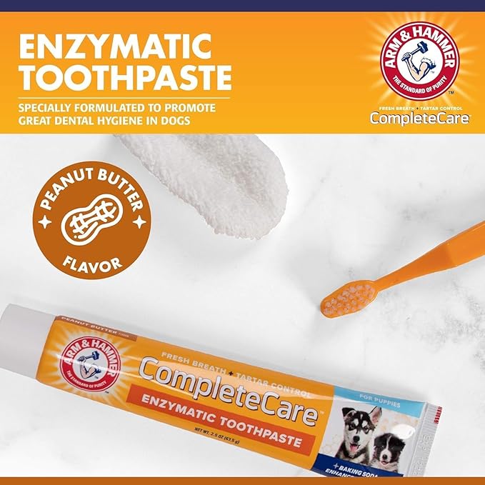 Arm & Hammer Complete Care Puppy Dental Kit, Enzymatic Toothpaste with Baking Soda and Calcium for Dogs, Peanut Butter Flavor, Toothbrush and Microfiber Brush Included, Fluoride-Free, 2.5 Oz - 2 Pack