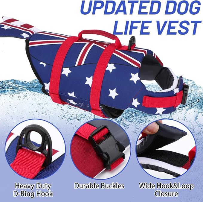 EMUST Large Dog Life Jacket, Dog Life Vests for Swimming, Small/Medium/Large Pet Life Preserver with Rescue Handle, Adjustable Pet Flotation Vest for Water at Pool, Beach, Boating (XL,FlagMermaid)