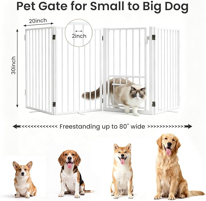 Metal Freestanding Dog Gate with Cat Door for Outdoor & Indoor,80" Extra Wide Foldable Pet Fence,30" Tall Dog Gate for RV Camping,Stairs,Hallways,Doorways,Deck,Yard,with 3PCS Support (4 Panels,White)