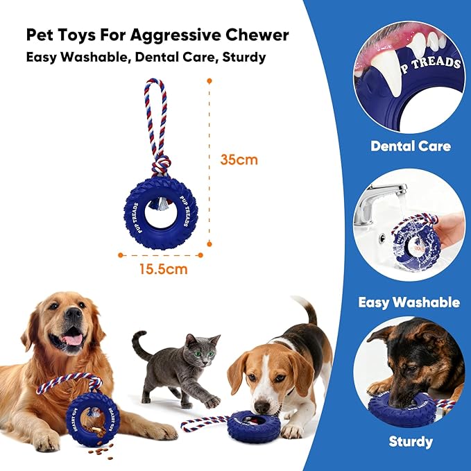 Deeow Dog Tire Toy-2026 Upgraded, Treat Dispensing Chew Toy for Teething Clean & Dental Care, Natural Rubber Enrichment Dog Toys for Boredom Relieve, Interactive Tug-of-War Slow Feeder Pet Toys-Blue