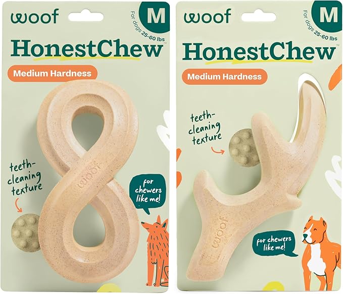 WOOF HonestChew Dog Toy Duo - Durable Dog Chews - Made with Plant-Based Ingredients - Splinter-Resistant - Safer Than Dog Bones - with HonestChew Antler and Infinity - Gift for Dogs - Medium