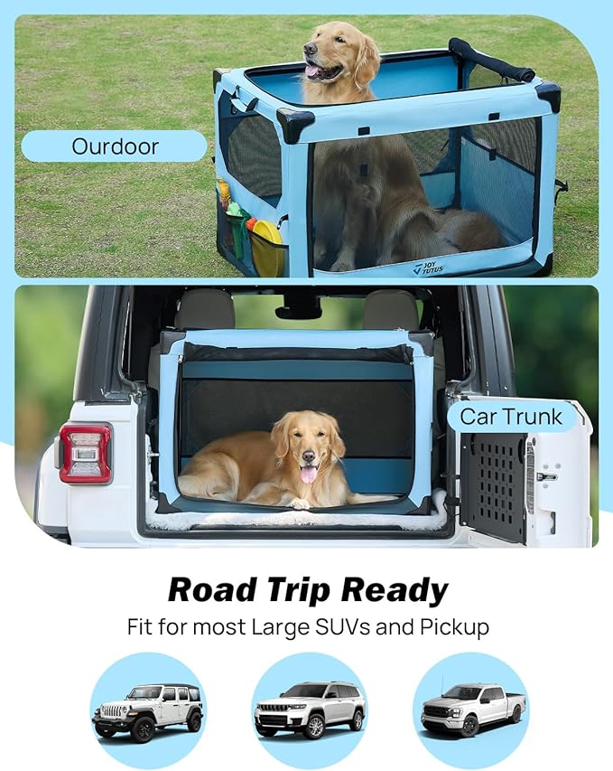 JOYTUTUS Pet Day Special, 38 Inch Collapsible Dog Crate, Steel Frame 8-Bar Foldable Soft Kennel, Portable Travel Crate for Large Dog Up to 70lbs, Oxford Cat Carrier Fit for Car Travel Indoor Outdoor