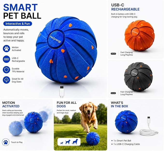 Interactive Dog Ball for Medium Dogs, Smart Automatic Rolling Ball for Dogs, Interactive Dog Toys & Enrichment Toy for Puppies and Active Dogs