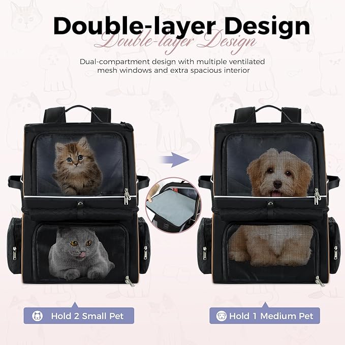 Double Cat Backpack Carrier for 2 Cats, Double-Compartment Pet Carrier Backpack for Two Small Cat or One Medium Cat, Cats Carrier Backpack Dog Carrier Backpack Fits Up to 24 Lbs,Black