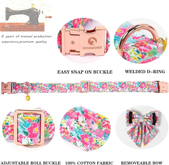 Floral Dog Collar for Girl Dogs, Spring Summer Pink Flower Dog Collar with Bowtie- Adjustable Female Sailor Bow Dog Collar for Large Dogs L