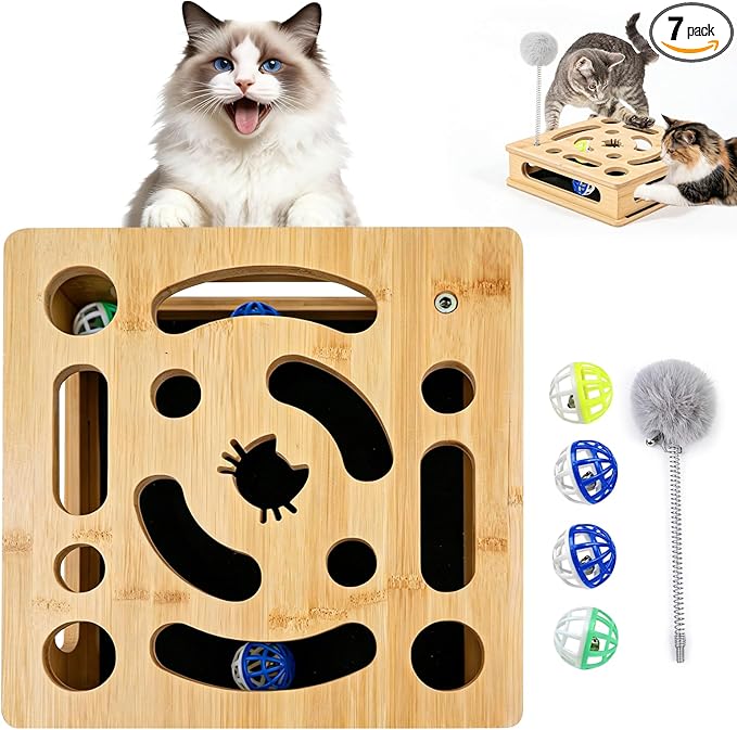 Cat Nail File Enrichment Box, Bamboo Wooden Cat Scratch Puzzle Box, Nail File Scratcher for Indoor Cats