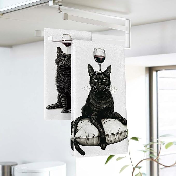 Funny Black Cat Kitchen Dish Towels Set of 2, Red Wine Bar Pub Drying Hand Towel Baking Cooking Cloth, Gifts for Pet Cat Owner Lovers Bathroom Home Decoration 18'' x 26''