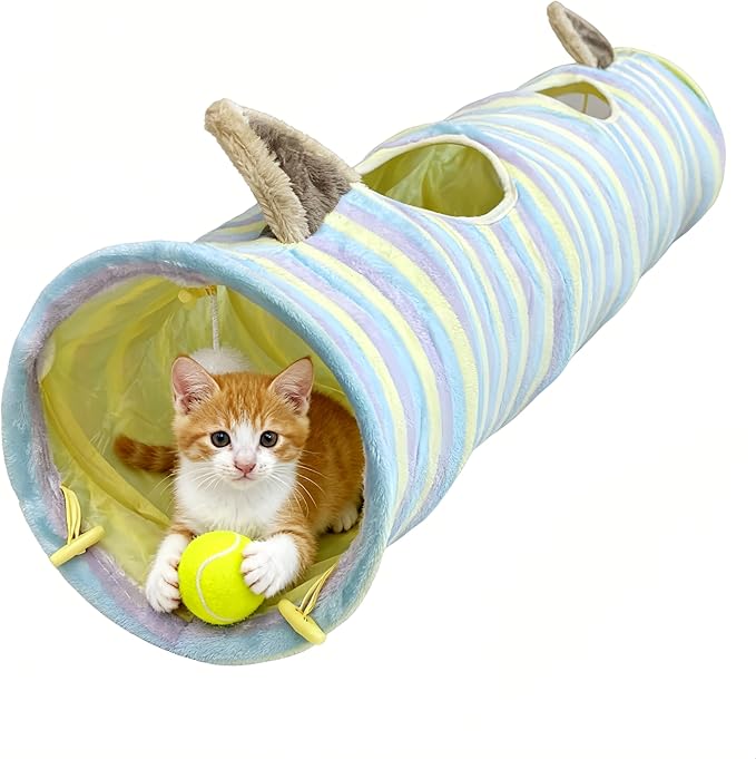 Cat Tunnel for Indoor Cats, Cute Cat Toy Tunnel for Small Large Cats, 45" Straight Cat Tunnel Toys with Balls & Crinkle Paper Ears Collapsible Peekaboo Cave for Kitten, Diameter 9.8" (Colorful Stripe)
