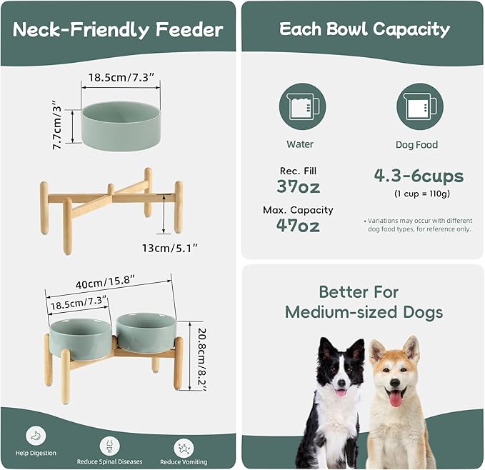 Havniva 7.3inch Ceramic Raised Dog Bowl with Stand, Double Dog Bowls Elevated for Medium Breed Dog Food and Water Bowl Set Non-Slip Dog Dish Large Capacity Feeding Pet Water Bowl