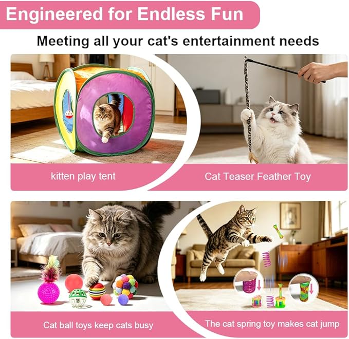 Retro Shaw Cat Toys for Indoor Cats, 33 Pack, Interactive Kitten Toys with Collapsible Kitty Tunnel Tent Feather Wand Springs Balls Bells Mouse Kitty Toys 15.7 Inches for All Breeds