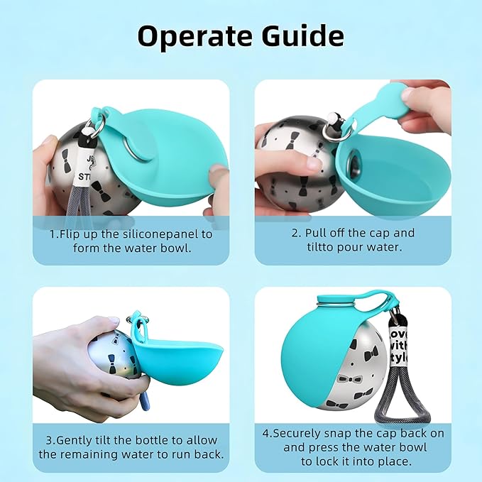 2 in 1 Portable Dog Water Bottle with Foldable Silicone Bowl, 10 Oz Travel Water Bottle for Dogs Drinking, Leakproof Stainless Steel Pet Water Bowl for Outdoor Walking Hiking Camping (Blue no Print)