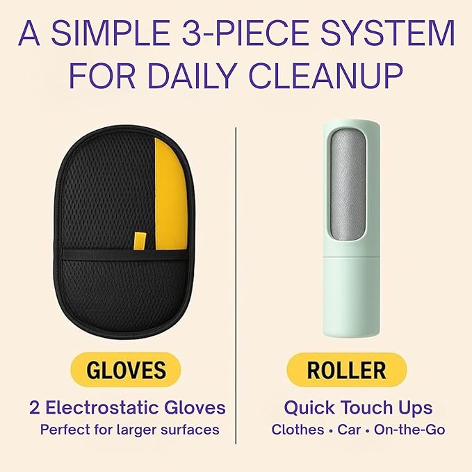 Jaxabby Products Reusable Pet Hair Cleanup Kit – 3-Piece Fabric Hair Remover Set for Clothes, Furniture & Car Interiors – Washable Reusable Lint Roller Alternative (Pastel Blue)