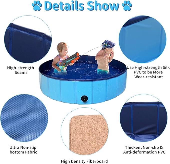 Foldable Dog Pet Bath Pool,Hard Plastic Collapsible Pet Bath Tub & Wading Pool or Dogs and Cats for Indoor/Outdoor Use,Blue 39 x 12Inches