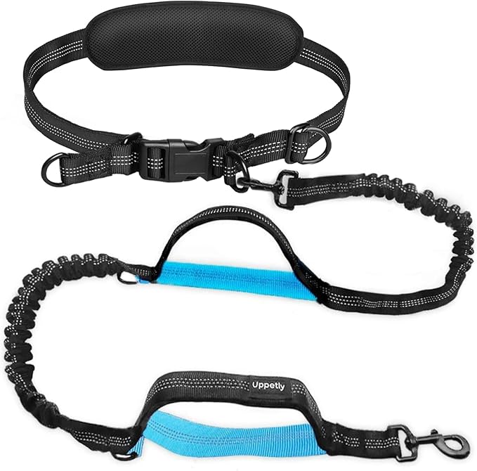 Uppetly Hands Free Dog Running Leash with Adjustable Waist Belt, Dual Handle Elastic Bungees Retractable Rope for Small and Medium Dogs, Reflective Stitches for Walking Hiking Biking (Large, 25-120lb)