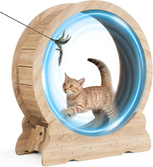Cat Exercise Wheel, Cat Running Wheel with Smooth and Quiet Roller, Detachable Carpet and Toy Teaser for Fun Fitness Training Treadmill,Natural Wood