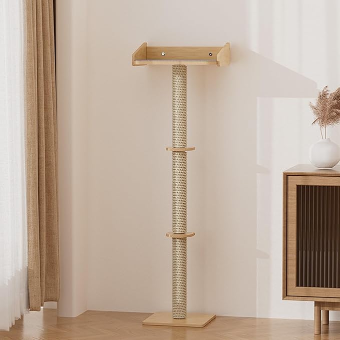 52.7'' Cat Tree Window Sill Perch with Tall Vertical Scratching Post Height-Adjustable Indoor Hammock Bed for Large Cats Suction Cup Climbing Tree Tower for Sunbathing & Bird Watching (Wooden, M)
