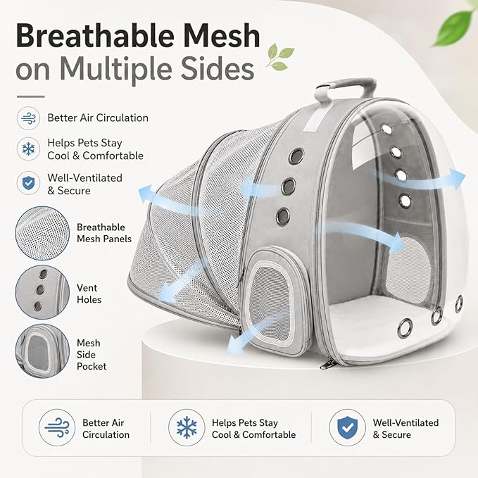 Expandable Cat Carrier Backpack for Cats & Dogs, Bubble Window Pet Travel Backpack with Breathable Mesh, Anti-Collapse Structure, Side Door, Safety Leash, for Vet Visits, Hiking, Outdoor, Grey