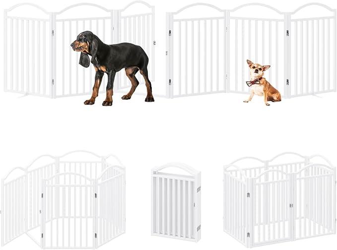 BHG Metal No-Assembly Freestanding Dog Gate with Door Walk Through, Extra Wide 120", Extra Tall 30" Pet Gate, Accordion Puppy Folding Playpen Dog Fence for Indoor & Outdoor, with 2PCS Support