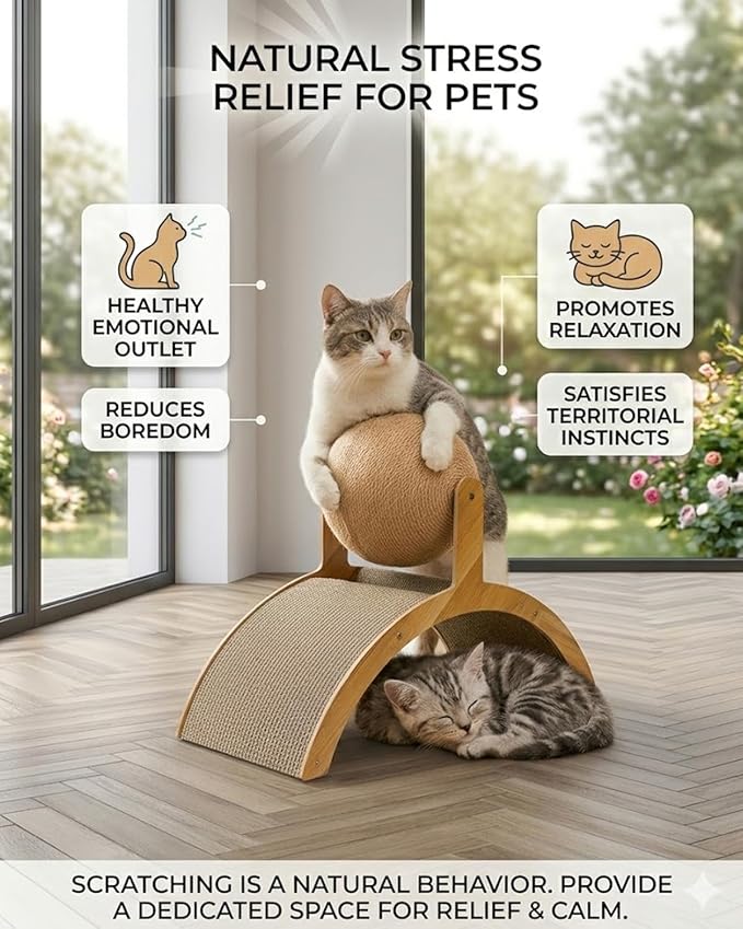 Wobble Ball Cat Scratcher, Cat Scratching Ball on Stand, 2-in-1 Interactive Cat Scratcher with 360° Rotating Sisal Ball & Arch Bridge, Solid Wood for Indoor Cat Kittens - Protects Furniture & Rugs (S)