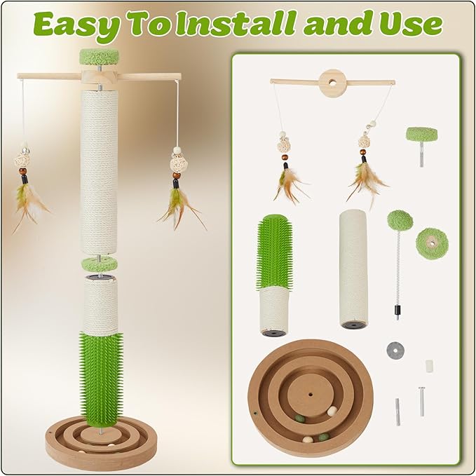 Cat Scratching Post, 26 Inch Tall Scratching Posts for Indoor Small Cats and Kittens, Sisal Cat Scratch Post with Hanging Toys, Rubber Brush and Double-Layer Interactive Wooden Ball Track