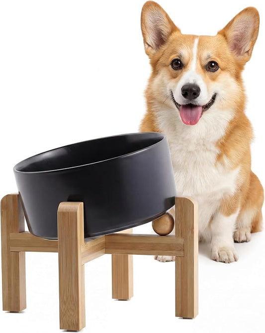 hjn Elevated Ceramic Dog Bowl/Raised Ceramic Dog Bowls with Bamboo Stand, 15°Slanted Raised Pet Feeder for Small Medium Dogs and Cats, Non-Slip Heavy Weighted Design (Black, 3.6Cup)