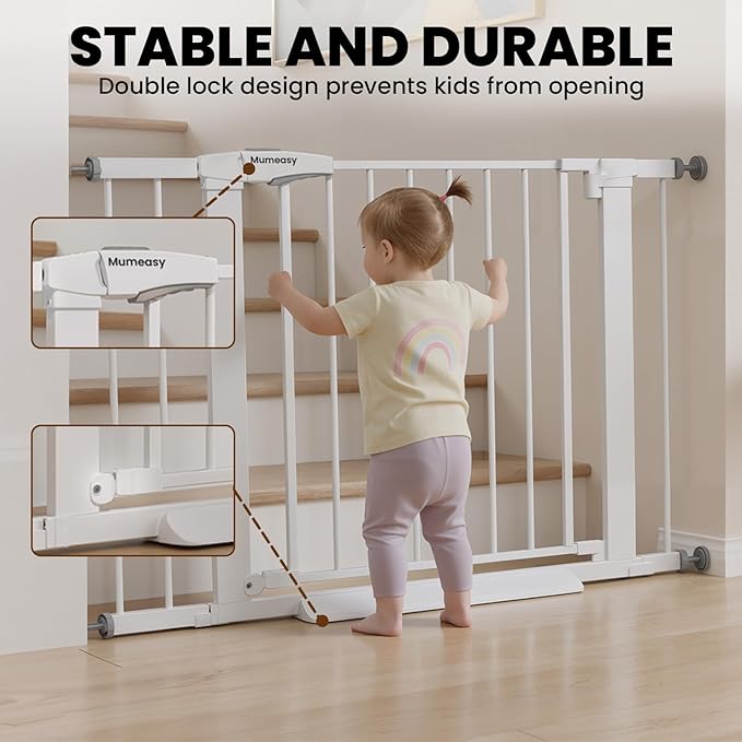 Baby Gate for Stairs, 29.7-40.6" Auto Close Dog Gate Indoor for Doorways, Dual-Lock Design, Adjustable Pet Gate No Drilling with Walk Thru Door for Hallways, Stroller Friendly, White