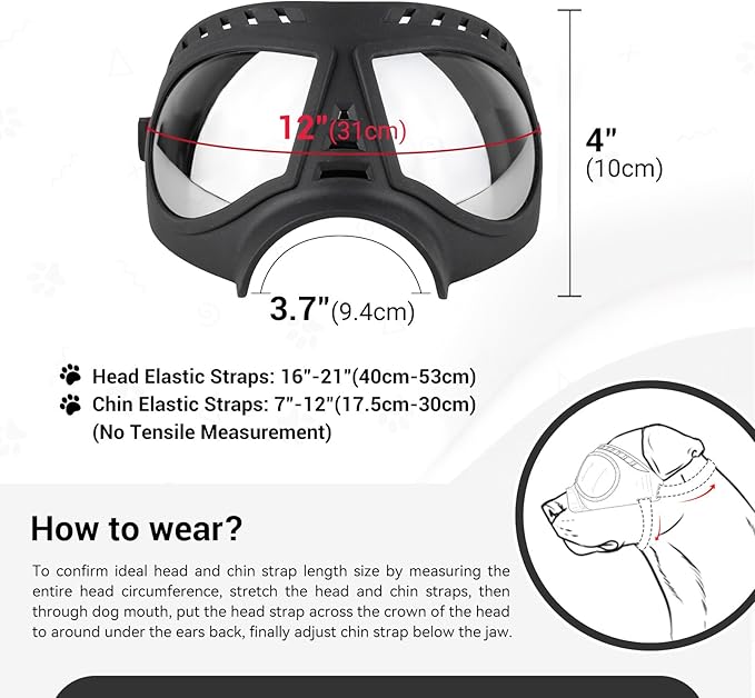 Large Dog Goggles, Windproof Snowproof Anti-UV Dog Sunglasses for Medium to Large Breed Eye Protection, Soft Frame with Adjustable Straps, Black