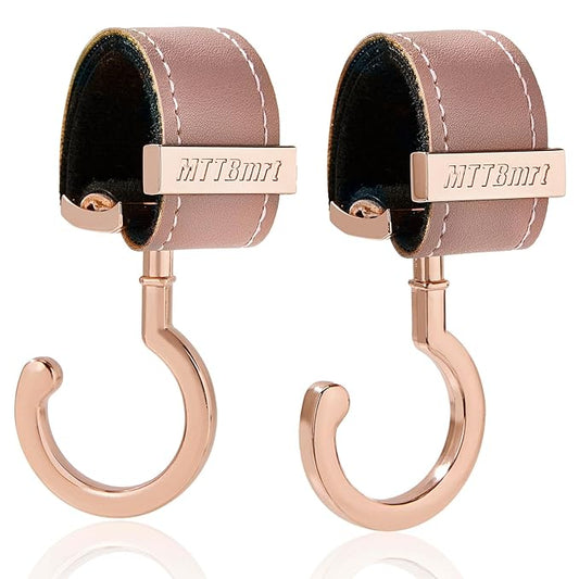 2 Pack Stroller Hooks,Strong Synthetic Leather Hook-and-Loop Fastener&High-Quality Metal Hooks,Universal Bag Clip|360° Rotation, 66lb Capacity,Non-Slip-Fits Wheelchair(Pink-Rose Gold)