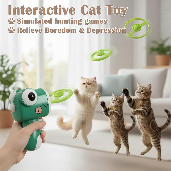 Interactive Cat Toy for Indoor Cats - Cat Fetch Toy Launcher with 8 Colorful Flying Discs, One-Press Exercise Toy for Chasing & Hunting, Fun Kitten Toy for Adult Cats, Green